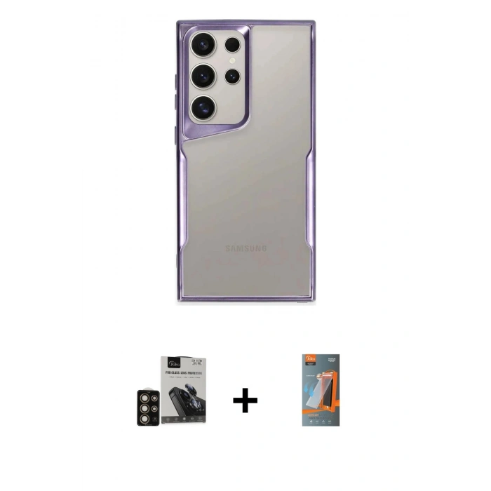 MARSİLYAN™- Galaxy S24 Ultra Kılıf Akış Çizgi Koleksiyonu - Siyah AutoKit 5in1 Fiber Hayalet Polymer Nano Ekran Koruyucu + PVD Metal Kamera Lens - GD