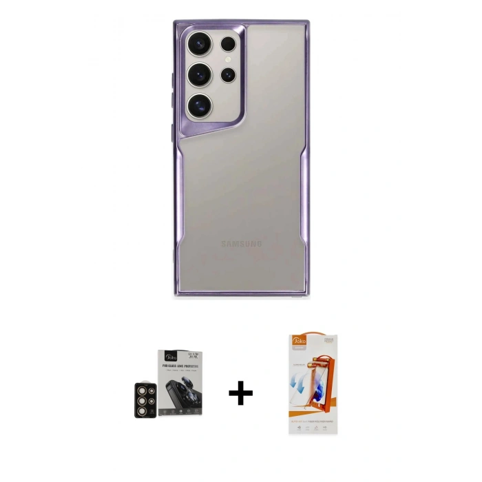 MARSİLYAN™- Galaxy S24 Ultra Kılıf Akış Çizgi Koleksiyonu - Siyah AutoKit 5in1 Fiber Polymer Nano Ekran Koruyucu + PVD Metal Kamera Lens - GD