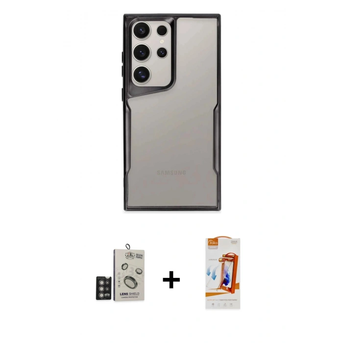MARSİLYAN™- Galaxy S24 Ultra Kılıf Akış Çizgi Koleksiyonu - Siyah AutoKit 5in1 Fiber Polymer Nano Ekran Koruyucu + Bilvis Titan Kamera Lens - DNMR