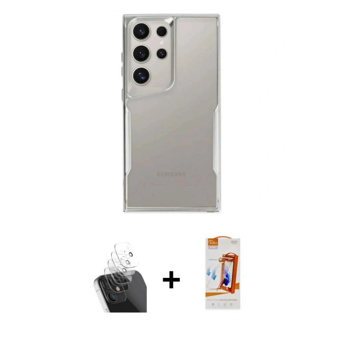 MARSİLYAN™- Galaxy S24 Ultra Kılıf Akış Çizgi Koleksiyonu - Siyah AutoKit 5in1 Fiber Polymer Nano Ekran Koruyucu + Kamera Lens Koruma Cam - SF