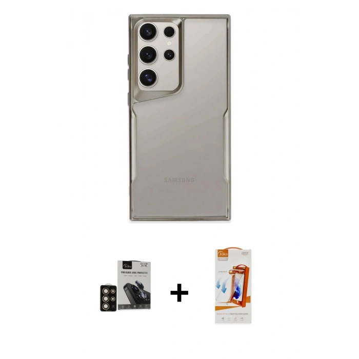 MARSİLYAN™- Galaxy S24 Ultra Kılıf Akış Çizgi Koleksiyonu - Siyah AutoKit 5in1 Fiber Polymer Nano Ekran Koruyucu + PVD Metal Kamera Lens - GD