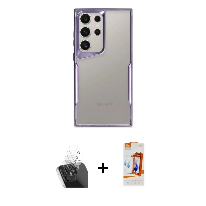 MARSİLYAN™- Galaxy S24 Ultra Kılıf Akış Çizgi Koleksiyonu - Siyah AutoKit 5in1 Fiber Polymer Nano Ekran Koruyucu + Kamera Lens Koruma Cam - SF