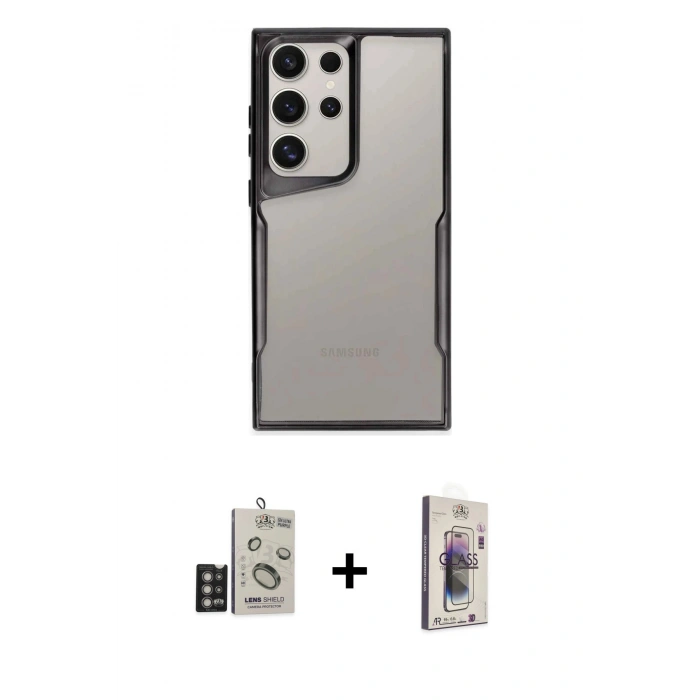 MARSİLYAN™- Galaxy S24 Ultra Kılıf Akış Çizgi Koleksiyonu - Siyah Bilvis 3D Cam Ekran Koruyucu + Bilvis Titan Kamera Lens - DNMR