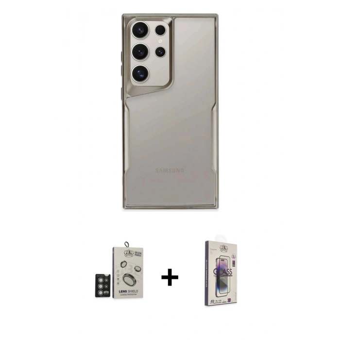 MARSİLYAN™- Galaxy S24 Ultra Kılıf Akış Çizgi Koleksiyonu - Siyah Bilvis 3D Cam Ekran Koruyucu + Bilvis Titan Kamera Lens - DNMR