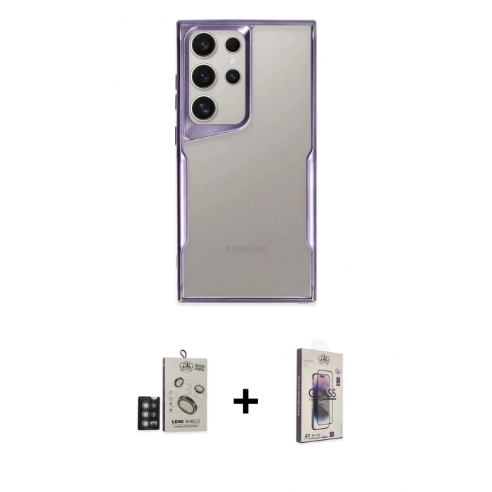 MARSİLYAN™- Galaxy S24 Ultra Kılıf Akış Çizgi Koleksiyonu - Siyah Bilvis 3D Cam Ekran Koruyucu + Bilvis Titan Kamera Lens - DNMR
