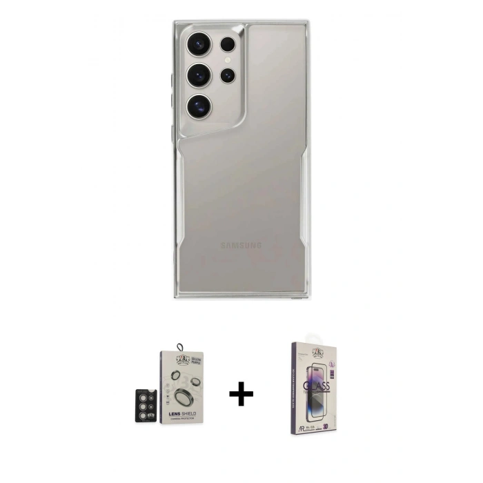 MARSİLYAN™- Galaxy S24 Ultra Kılıf Akış Çizgi Koleksiyonu - Siyah Bilvis 3D Cam Ekran Koruyucu + Bilvis Titan Kamera Lens - DNMR