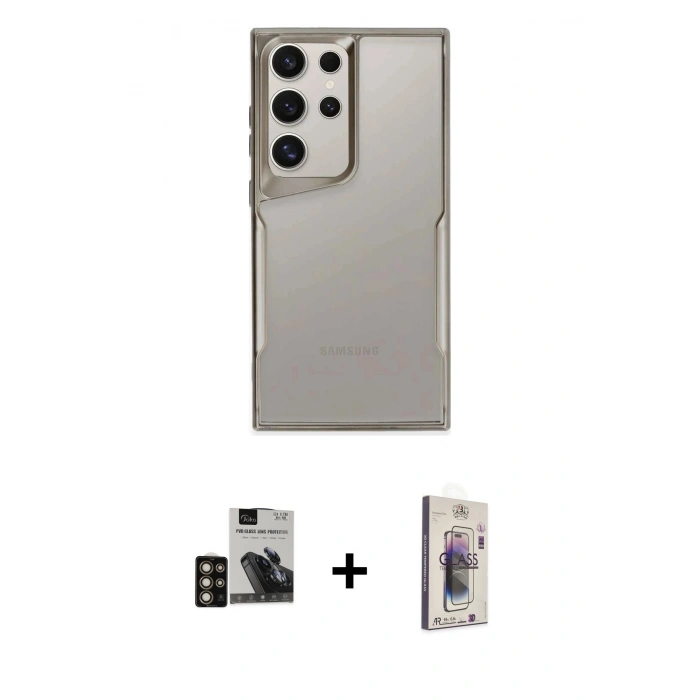 MARSİLYAN™- Galaxy S24 Ultra Kılıf Akış Çizgi Koleksiyonu - Siyah Bilvis 3D Cam Ekran Koruyucu + PVD Metal Kamera Lens - GD