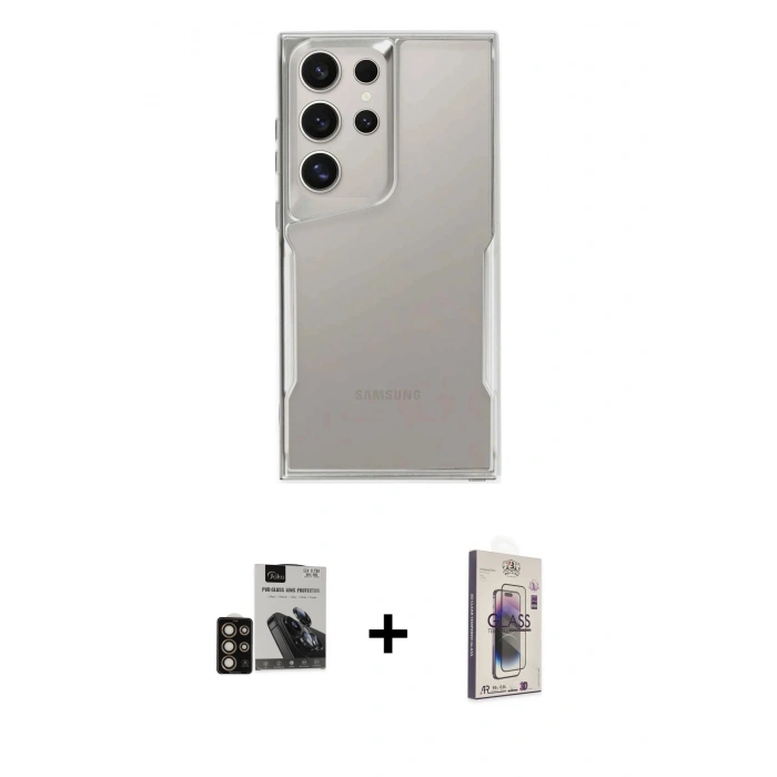 MARSİLYAN™- Galaxy S24 Ultra Kılıf Akış Çizgi Koleksiyonu - Siyah Bilvis 3D Cam Ekran Koruyucu + PVD Metal Kamera Lens - GD