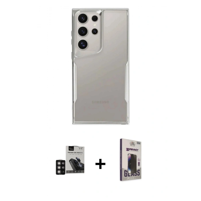 MARSİLYAN™- Galaxy S24 Ultra Kılıf Akış Çizgi Koleksiyonu - Siyah Bilvis Hayalet Cam Ekran Koruyucu + PVD Metal Kamera Lens - DNMR