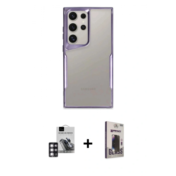 MARSİLYAN™- Galaxy S24 Ultra Kılıf Akış Çizgi Koleksiyonu - Siyah Bilvis Hayalet Cam Ekran Koruyucu + PVD Metal Kamera Lens - PE