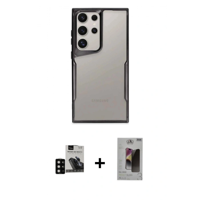 MARSİLYAN™- Galaxy S24 Ultra Kılıf Akış Çizgi Koleksiyonu - Siyah Bilvis Hayalet Cam Ekran Koruyucu + PVD Metal Kamera Lens - SH