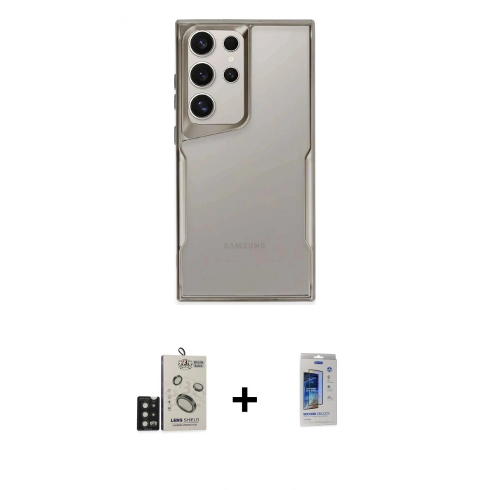 MARSİLYAN™- Galaxy S24 Ultra Kılıf Akış Çizgi Koleksiyonu - Siyah Durable Full Glue Curved Cam + Bilvis Titan Kamera Lens - SH