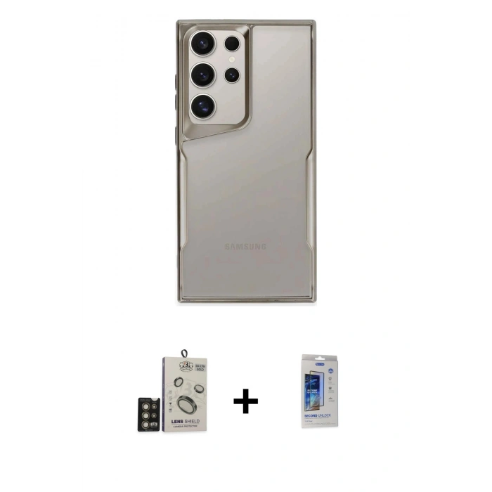 MARSİLYAN™- Galaxy S24 Ultra Kılıf Akış Çizgi Koleksiyonu - Siyah Durable Full Glue Curved Cam + Gold Bilvis Titan Kamera Lens