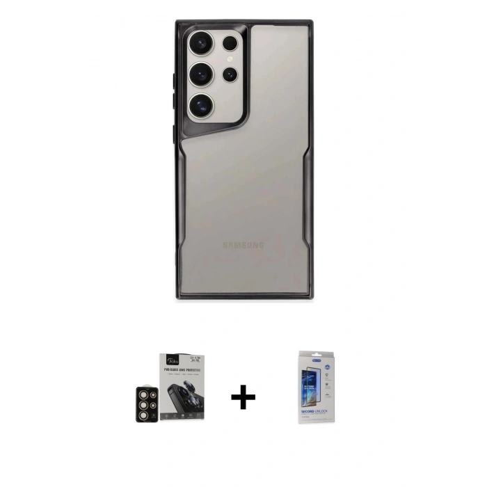 MARSİLYAN™- Galaxy S24 Ultra Kılıf Akış Çizgi Koleksiyonu - Siyah Durable Full Glue Curved Cam + PVD Metal Kamera Lens - GD