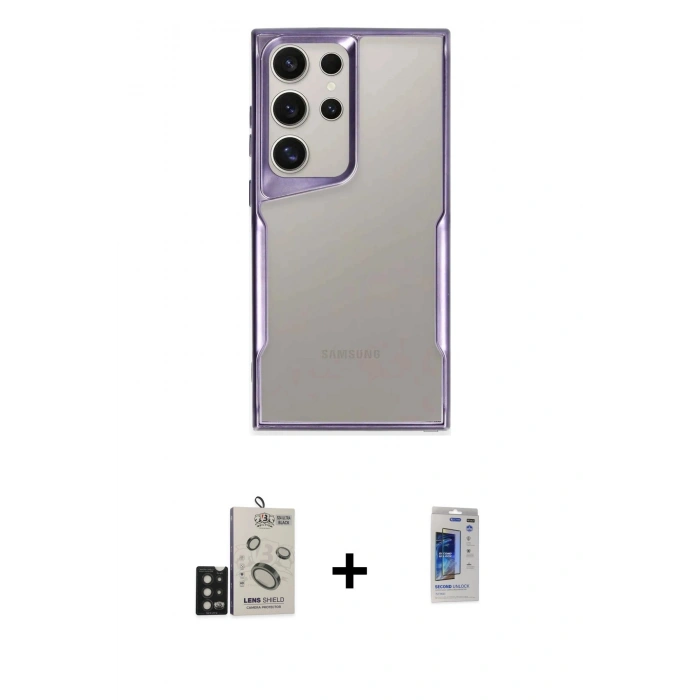 MARSİLYAN™- Galaxy S24 Ultra Kılıf Akış Çizgi Koleksiyonu - Siyah Durable Full Glue Curved Hayalet Cam + Bilvis Titan Kamera Lens - SH