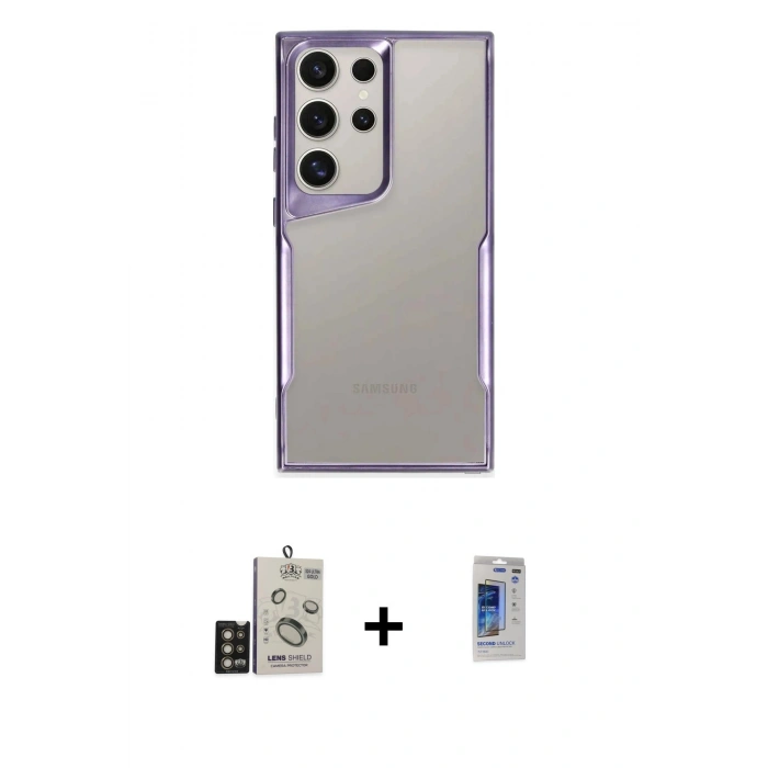 MARSİLYAN™- Galaxy S24 Ultra Kılıf Akış Çizgi Koleksiyonu - Siyah Durable Full Glue Curved Hayalet Cam + Bilvis Titan Kamera Lens - GD