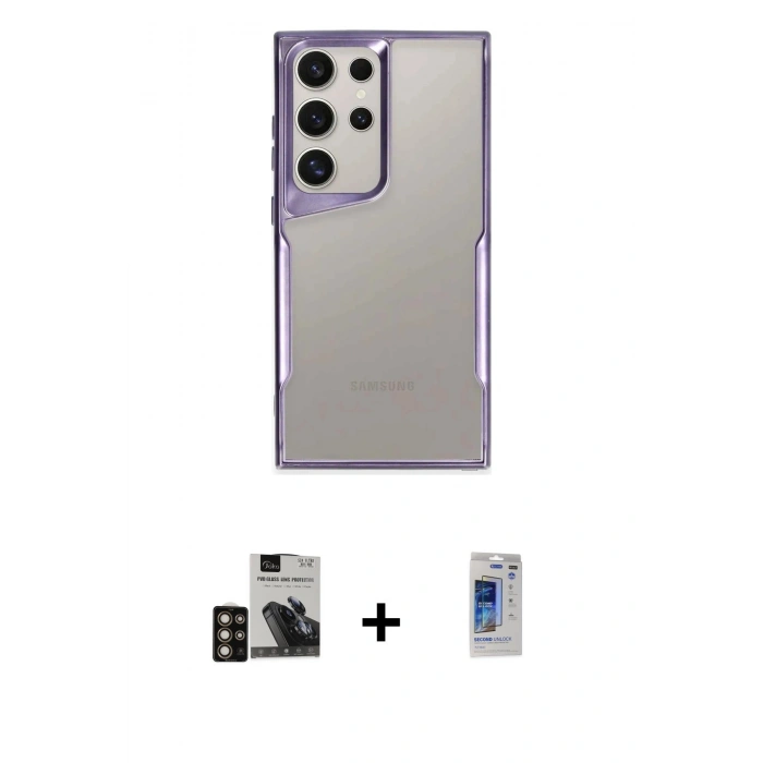MARSİLYAN™- Galaxy S24 Ultra Kılıf Akış Çizgi Koleksiyonu - Siyah Durable Full Glue Curved Hayalet Cam + PVD Metal Kamera Lens - GD