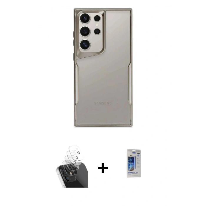 MARSİLYAN™- Galaxy S24 Ultra Kılıf Akış Çizgi Koleksiyonu - Siyah Durable Full Glue Curved Hayalet Cam + Kamera Lens Koruma Cam - SF