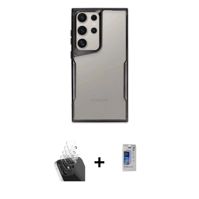 MARSİLYAN™- Galaxy S24 Ultra Kılıf Akış Çizgi Koleksiyonu - Siyah Durable Full Glue Curved Hayalet Cam + Kamera Lens Koruma Cam - SF