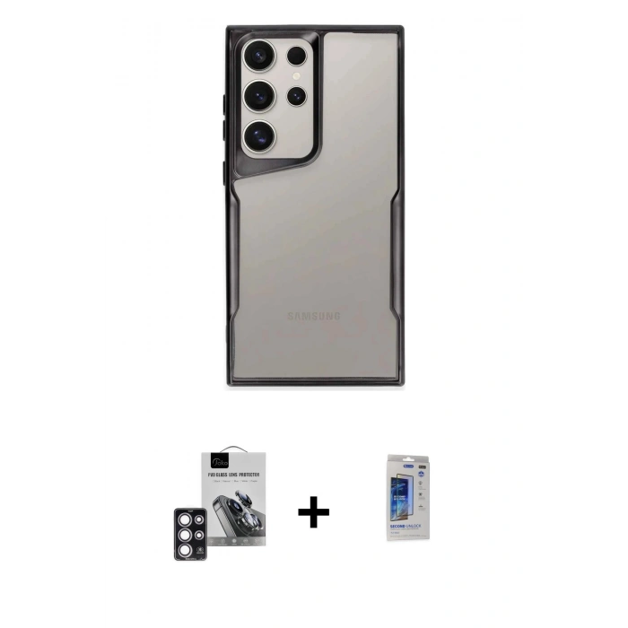 MARSİLYAN™- Galaxy S24 Ultra Kılıf Akış Çizgi Koleksiyonu - Siyah Durable Full Glue Curved Hayalet Cam + PVD Metal Kamera Lens - PE