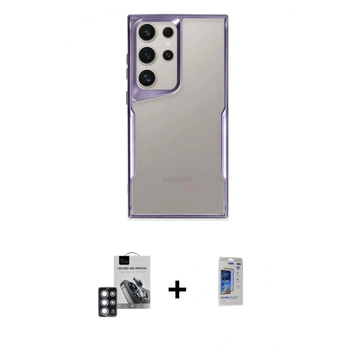 MARSİLYAN™- Galaxy S24 Ultra Kılıf Akış Çizgi Koleksiyonu - Siyah Durable Full Glue Curved Hayalet Cam + PVD Metal Kamera Lens - PE