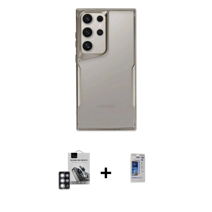 MARSİLYAN™- Galaxy S24 Ultra Kılıf Akış Çizgi Koleksiyonu - Siyah Durable Full Glue Curved Hayalet Cam + PVD Metal Kamera Lens - PE