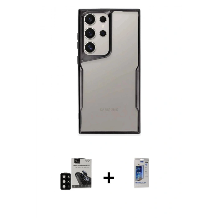 MARSİLYAN™- Galaxy S24 Ultra Kılıf Akış Çizgi Koleksiyonu - Siyah Durable Full Glue Curved Hayalet Cam + PVD Metal Kamera Lens - SH