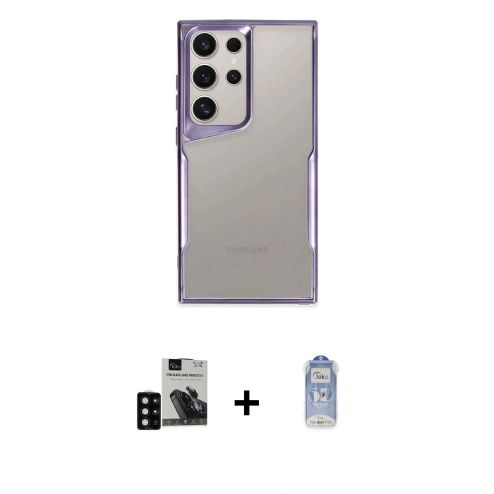 MARSİLYAN™- Galaxy S24 Ultra Kılıf Akış Çizgi Koleksiyonu - Siyah Joko Magic 5D Cam + PVD Metal Kamera Lens - SH