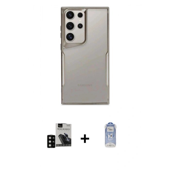 MARSİLYAN™- Galaxy S24 Ultra Kılıf Akış Çizgi Koleksiyonu - Siyah Joko Magic 5D Cam + PVD Metal Kamera Lens - SH
