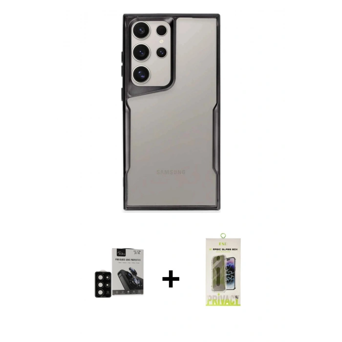 MARSİLYAN™- Galaxy S24 Ultra Kılıf Akış Çizgi Koleksiyonu - Siyah Joko Magic 5D Hayalet Cam + PVD Metal Kamera Lens - SH