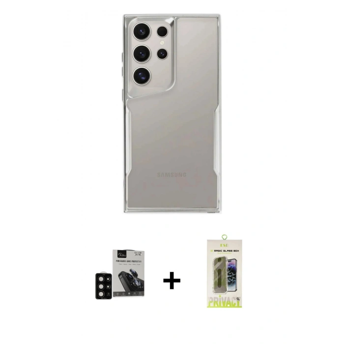 MARSİLYAN™- Galaxy S24 Ultra Kılıf Akış Çizgi Koleksiyonu - Siyah Joko Magic 5D Hayalet Cam + PVD Metal Kamera Lens - SH