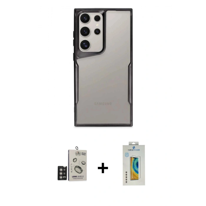 MARSİLYAN™- Galaxy S24 Ultra Kılıf Akış Çizgi Koleksiyonu - Siyah Polymer Nano Ekran Koruyucu + Bilvis Titan Kamera Lens - DNMR