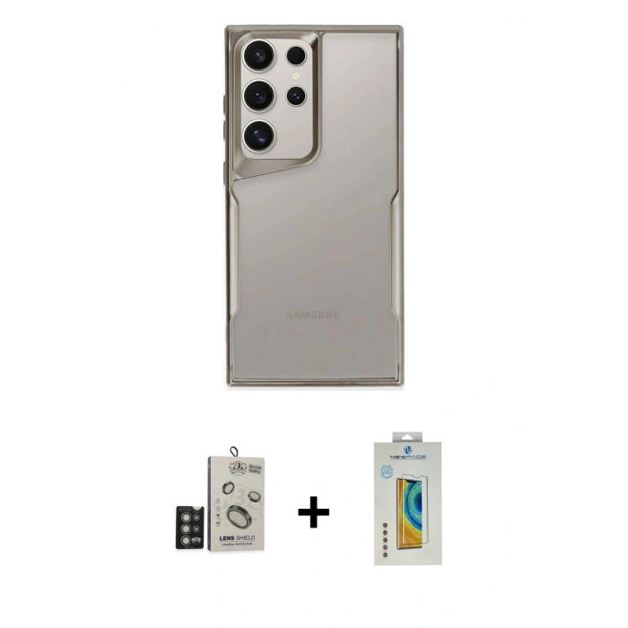 MARSİLYAN™- Galaxy S24 Ultra Kılıf Akış Çizgi Koleksiyonu - Siyah Polymer Nano Ekran Koruyucu + Bilvis Titan Kamera Lens - DNMR