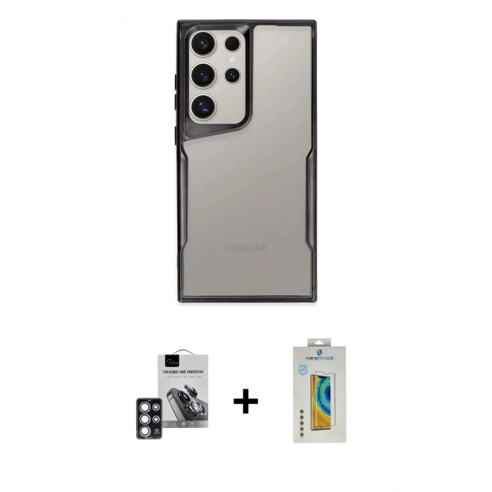 MARSİLYAN™- Galaxy S24 Ultra Kılıf Akış Çizgi Koleksiyonu - Siyah Polymer Nano Ekran Koruyucu + PVD Metal Kamera Lens - PE