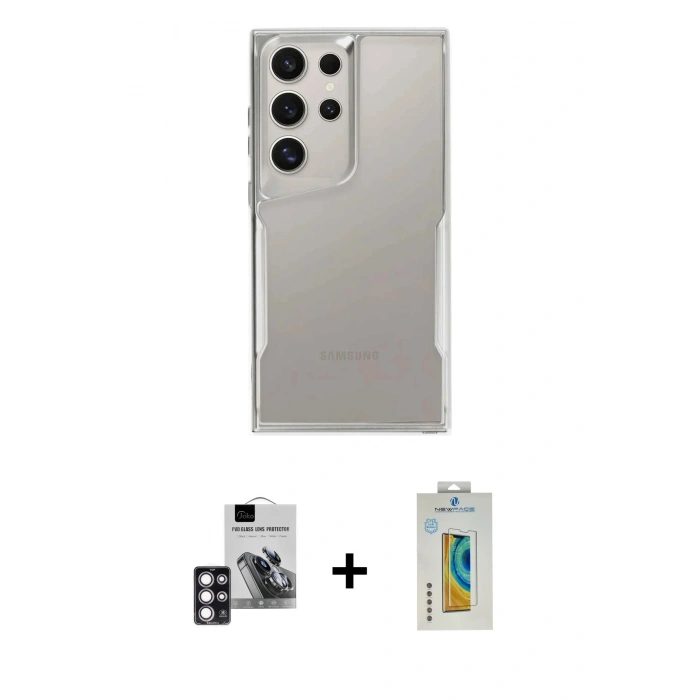 MARSİLYAN™- Galaxy S24 Ultra Kılıf Akış Çizgi Koleksiyonu - Siyah Polymer Nano Ekran Koruyucu + PVD Metal Kamera Lens - PE