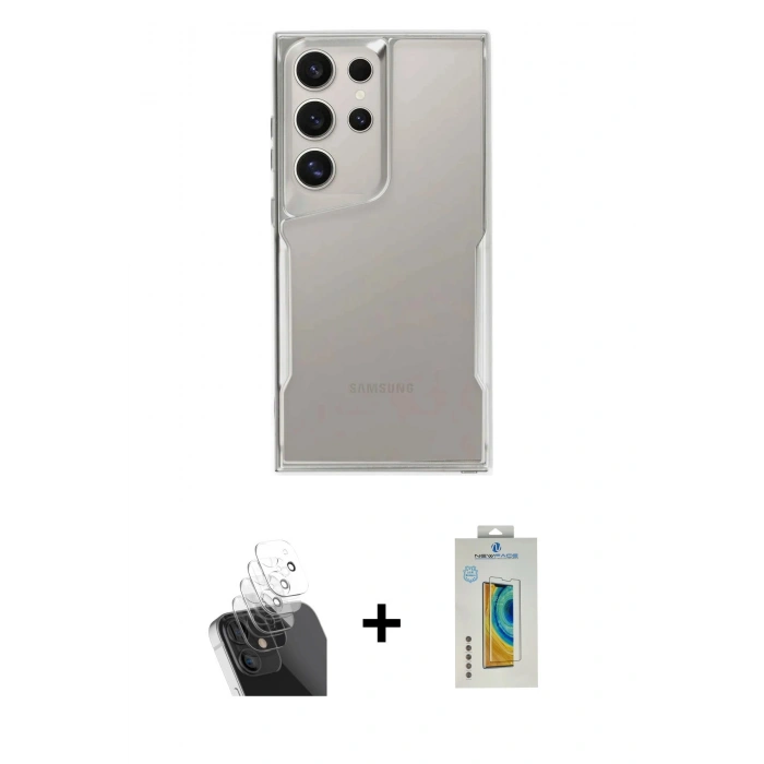 MARSİLYAN™- Galaxy S24 Ultra Kılıf Akış Çizgi Koleksiyonu - Siyah Polymer Nano Ekran Koruyucu + Şeffaf Kamera Lens Koruma Cam