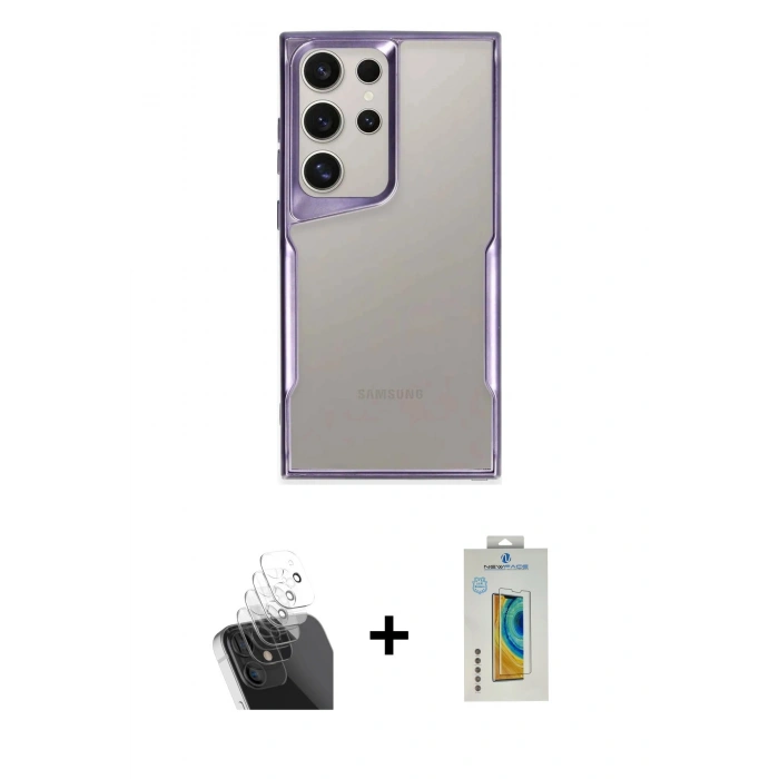 MARSİLYAN™- Galaxy S24 Ultra Kılıf Akış Çizgi Koleksiyonu - Siyah Polymer Nano Ekran Koruyucu + Şeffaf Kamera Lens Koruma Cam