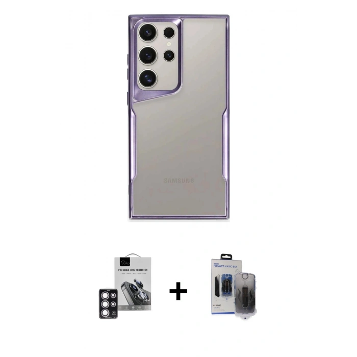 MARSİLYAN™- Galaxy S24 Ultra Kılıf Akış Çizgi Koleksiyonu - Siyah Vanessa Magic Hayalet Cam + Pembe PVD Metal Kamera Lens