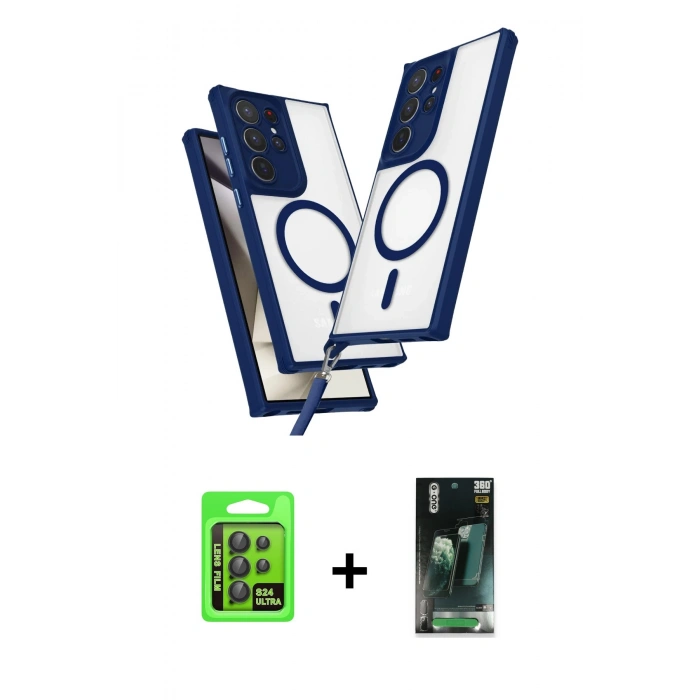 MARSİLYAN™- Galaxy S24 Ultra Kılıf Atlas Doku Koleksiyonu - Şeffaf 360 Full Body Arka Koruyucu + Raze Metal Kamera Lens - SH