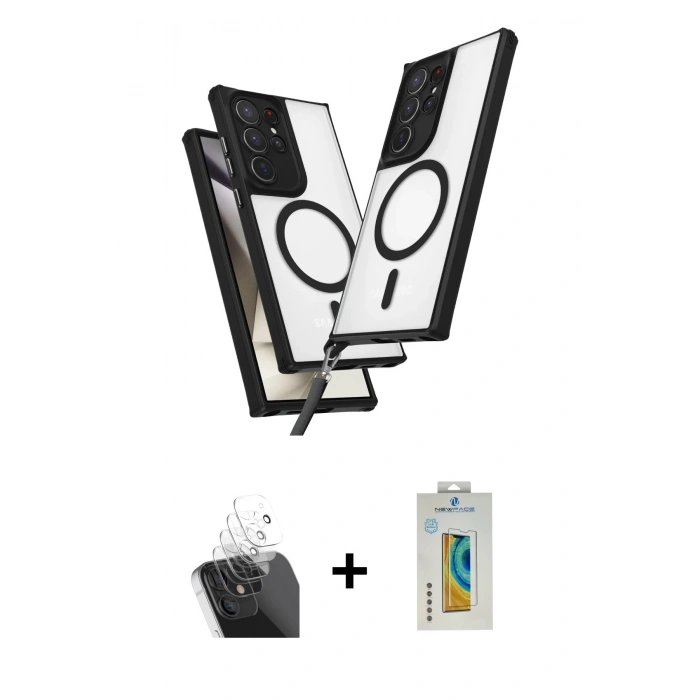 MARSİLYAN™- Galaxy S24 Ultra Kılıf Atlas Doku Koleksiyonu - Siyah Polymer Nano Ekran Koruyucu + Kamera Lens Koruma Cam - SF