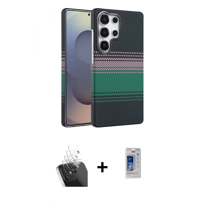 MARSİLYAN™- Galaxy S24 Ultra Kılıf Doruk Serisi - Siyah Durable Full Glue Curved Cam + Kamera Lens Koruma Cam - SF