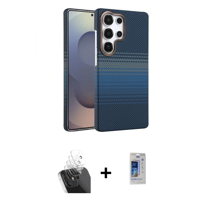 MARSİLYAN™- Galaxy S24 Ultra Kılıf Doruk Serisi - Siyah Durable Full Glue Curved Cam + Kamera Lens Koruma Cam - SF