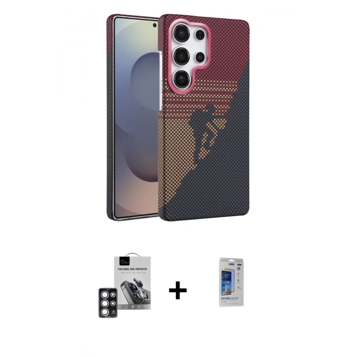 MARSİLYAN™- Galaxy S24 Ultra Kılıf Doruk Serisi - Siyah Durable Full Glue Curved Hayalet Cam + PVD Metal Kamera Lens - PE