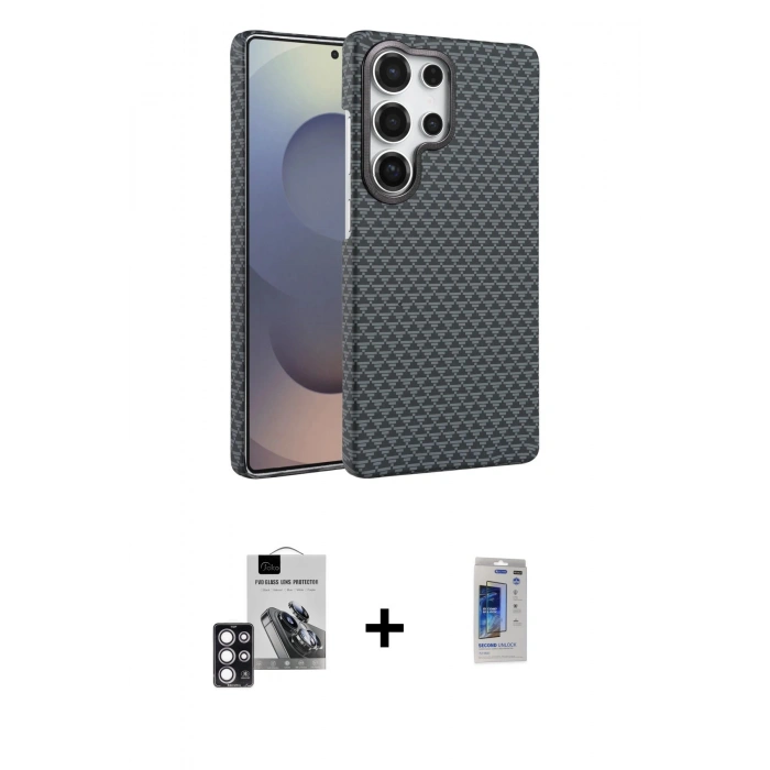 MARSİLYAN™- Galaxy S24 Ultra Kılıf Doruk Serisi - Siyah Durable Full Glue Curved Hayalet Cam + PVD Metal Kamera Lens - PE