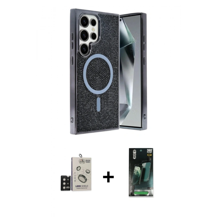 MARSİLYAN™- Galaxy S24 Ultra Kılıf Eksen Çizgi - Şeffaf 360 Full Body Arka Koruyucu + Bilvis Titan Kamera Lens - SH