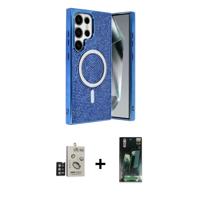 MARSİLYAN™- Galaxy S24 Ultra Kılıf Eksen Çizgi - Şeffaf 360 Full Body Arka Koruyucu + Bilvis Titan Kamera Lens - DNMR