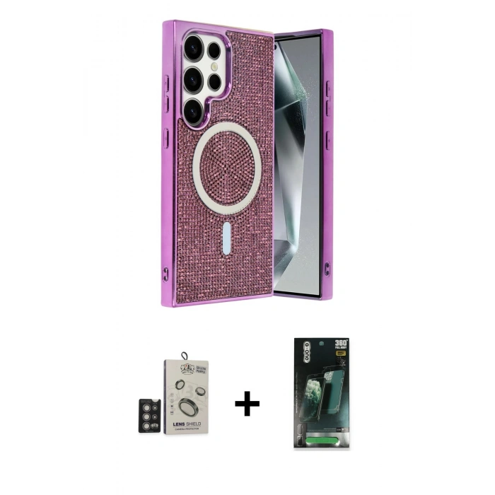 MARSİLYAN™- Galaxy S24 Ultra Kılıf Eksen Çizgi - Şeffaf 360 Full Body Arka Koruyucu + Bilvis Titan Kamera Lens - DNMR