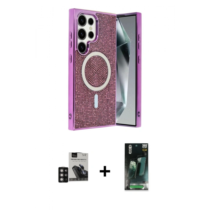 MARSİLYAN™- Galaxy S24 Ultra Kılıf Eksen Çizgi - Şeffaf 360 Full Body Arka Koruyucu + PVD Metal Kamera Lens - DNMR