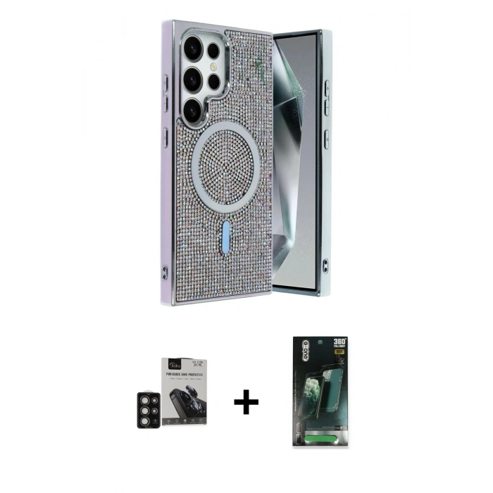 MARSİLYAN™- Galaxy S24 Ultra Kılıf Eksen Çizgi - Şeffaf 360 Full Body Arka Koruyucu + PVD Metal Kamera Lens - DNMR