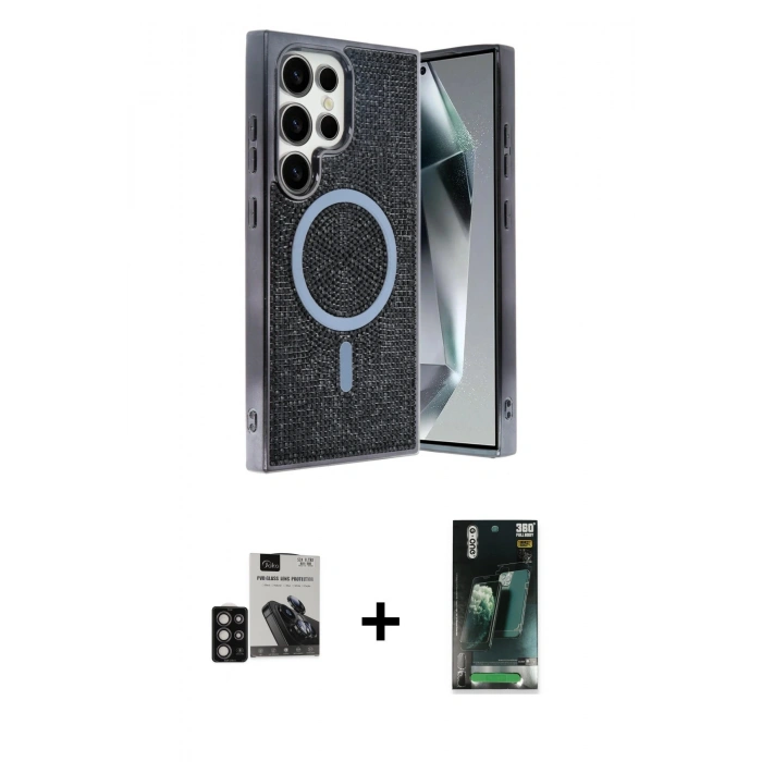 MARSİLYAN™- Galaxy S24 Ultra Kılıf Eksen Çizgi - Şeffaf 360 Full Body Arka Koruyucu + PVD Metal Kamera Lens - DNMR